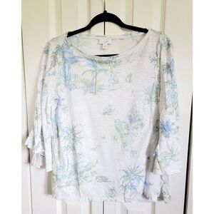 J. Jill M Sweater Knit Top Womens Linen Beachy Tropical‎ White Handkerch Slv